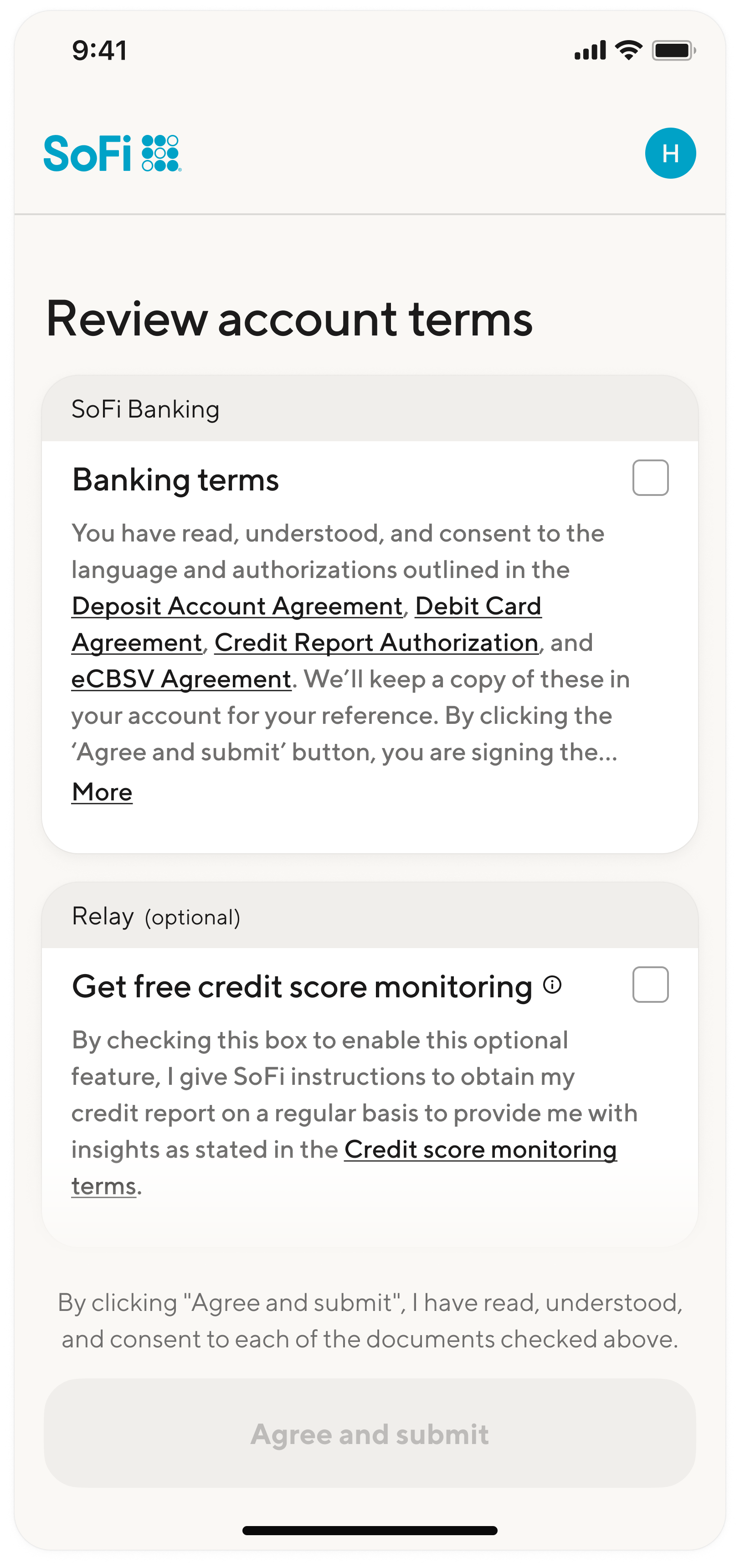 Test: Required banking terms pre-checked, optional credit score monitoring separated