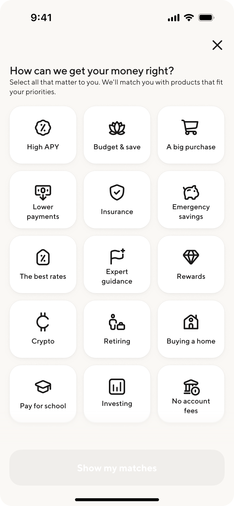 Quiz: First question, multi-select with product glyphs