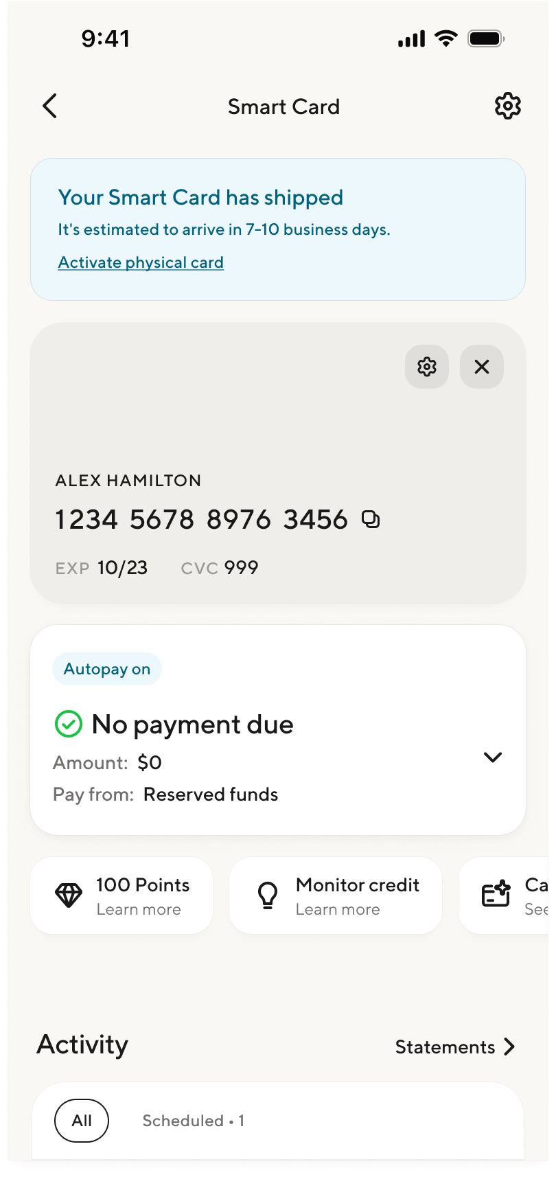 Smart Card home: Shipping notification, autopay, and rewards surface